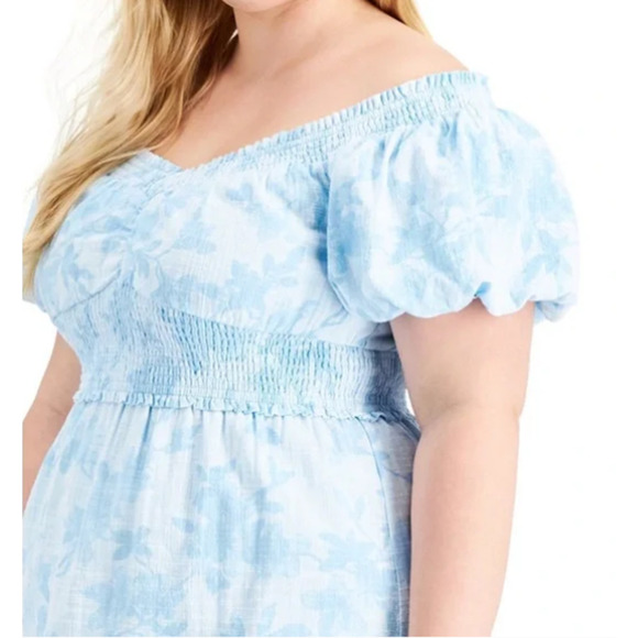 INC International Concepts Women's 4X Blue Puff Sleeves Floral Smocked Dress - Picture 3 of 12